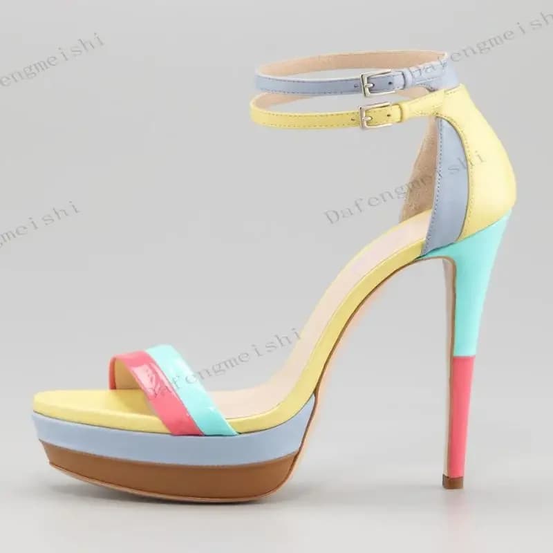 Women Color Block Platform High Heel Sandals Double Ankle Strap Buckle Open Toe Patchwork Stiletto Heels Party Summer Sandals