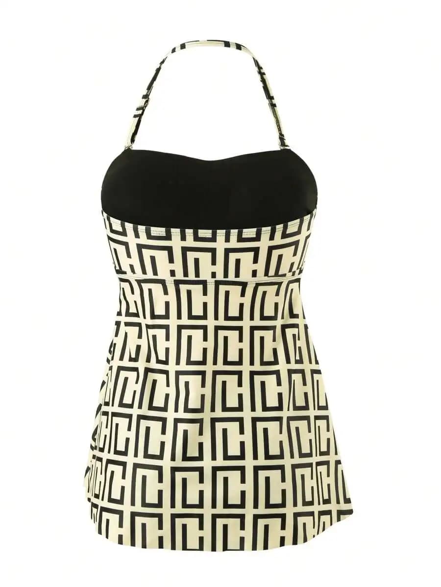 Costume da bagno tankini stampato con orlo arricciato e schiena scoperta da donna per le vacanze al mare