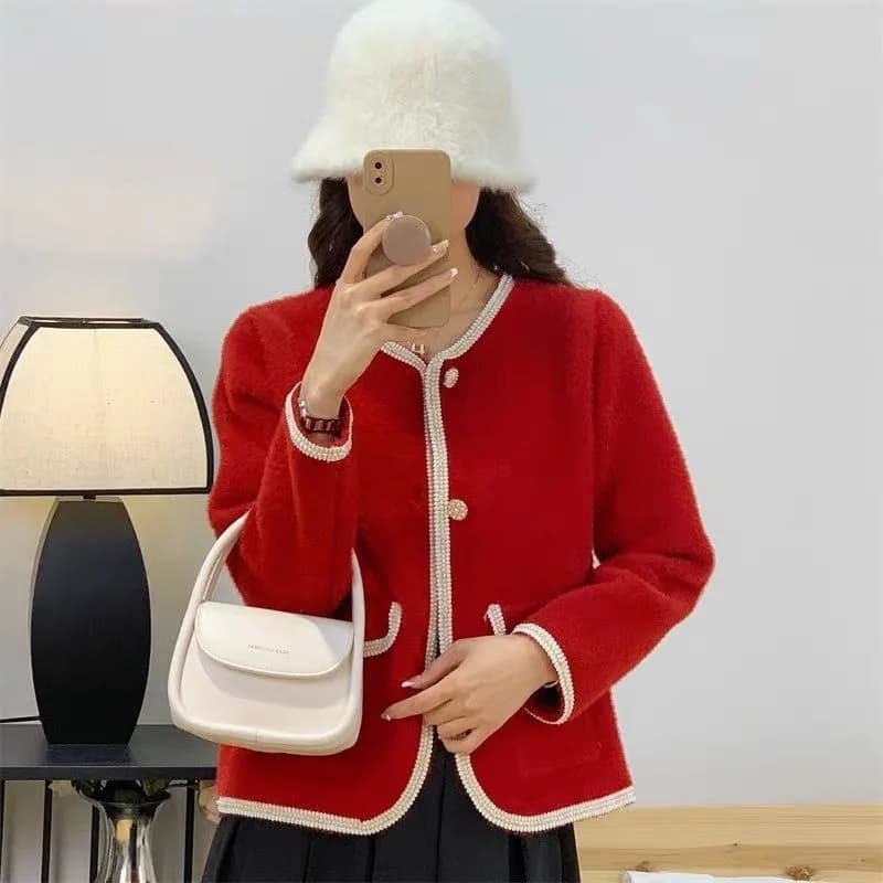 Thickened Small Fragrant Style Imitation Mink Fur Sweater Cardigan Jacket for Women's New Autumn and Winter Loose Knit Top