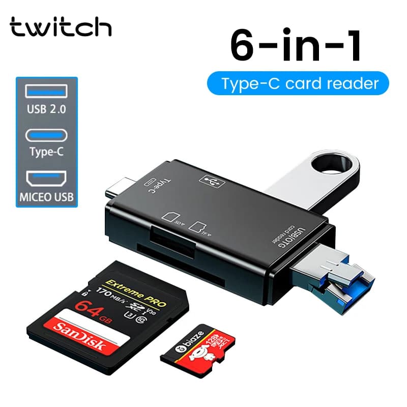 Lettore di Schede SD Multifunzione 6 in 1 OTG USB 2.0 Tipo C/Micro per Schede SD e TF, Adattatore per PC, Telefoni Cellulari e Laptop
