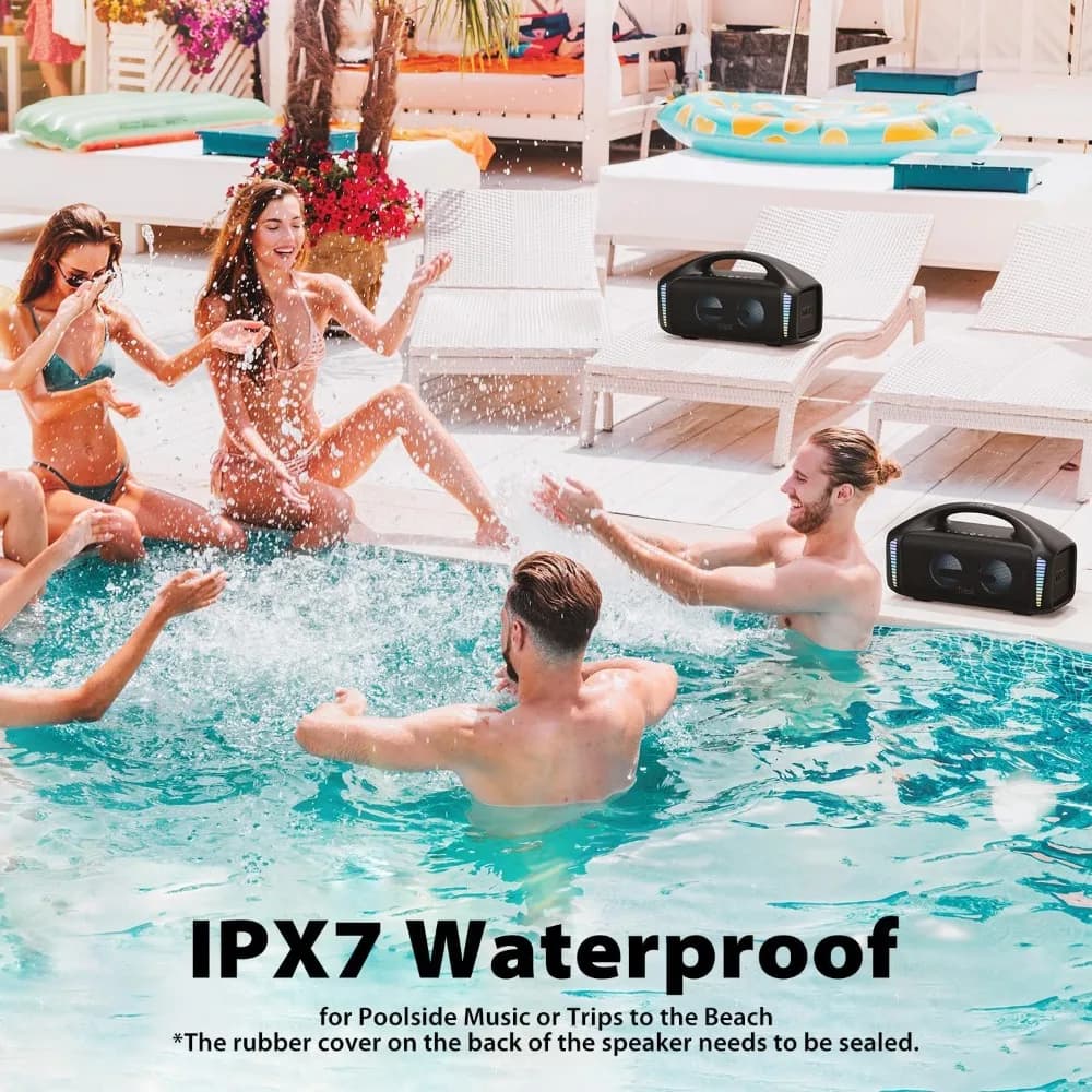 Altoparlante Bluetooth Portatile da 140W di Potenza di Picco con Suono Stereo da 90W, 30 Ore di Riproduzione, Impermeabile IPX7, Luci LED, XBass, BT5.3, TWS, EQ Personalizzabile