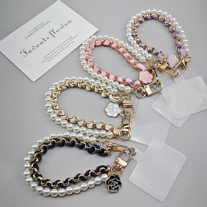 Portachiavi con ciondolo per cellulare con perla di camelia, catena per ragazza, donna, custodia per cellulare, ciondolo alla moda, portachiavi, corda con clip universale