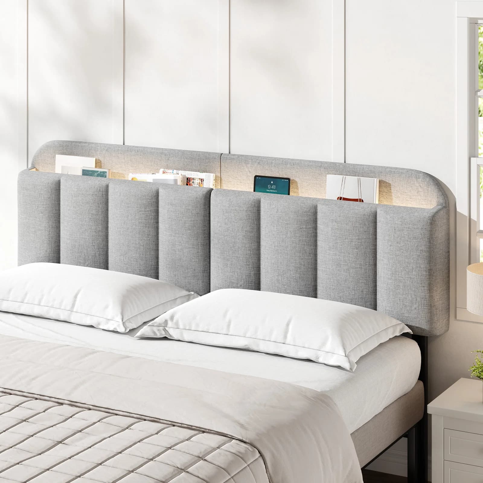 Testiera regolabile per struttura letto king size completa, testiera letto in tessuto di lino e luce LED RGB dal design a canale verticale