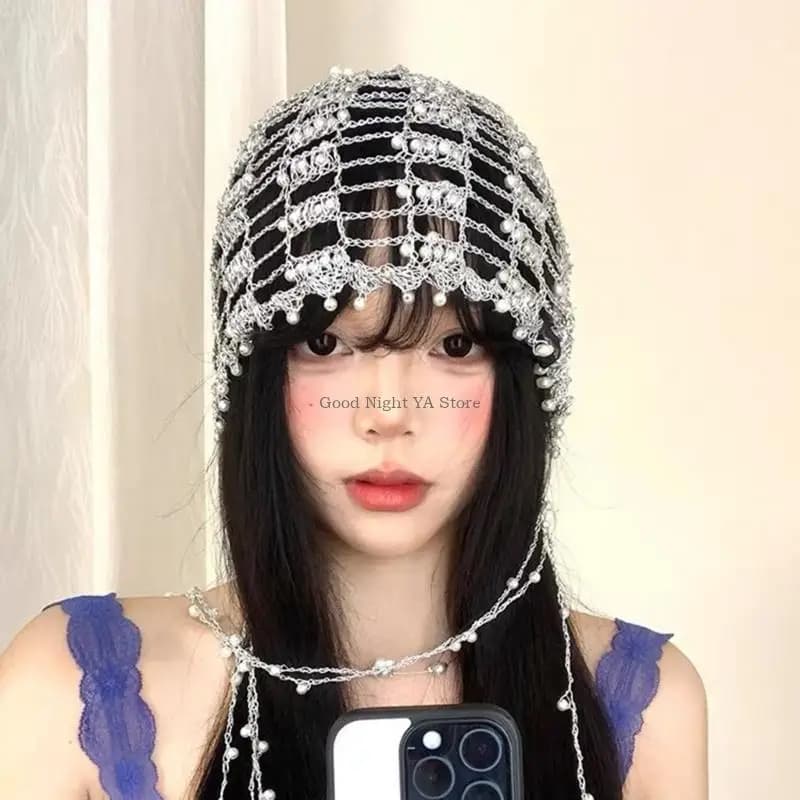 2000s Cool Hollowout Head Chain Hat With Silver Beads And Metal Chains Fashion Crochet Headcover Hat for Various Occasion