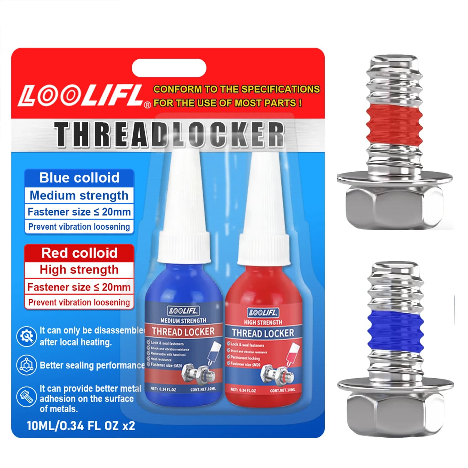 LOOLIFL Blue Thread Locker 243 Adesivo Bloccagambe per Dadi e Bulloni, Sigillante Adesivo per Viti, Colla Metallica Anaerobica a Polimerizzazione Rapida, Antiruggine