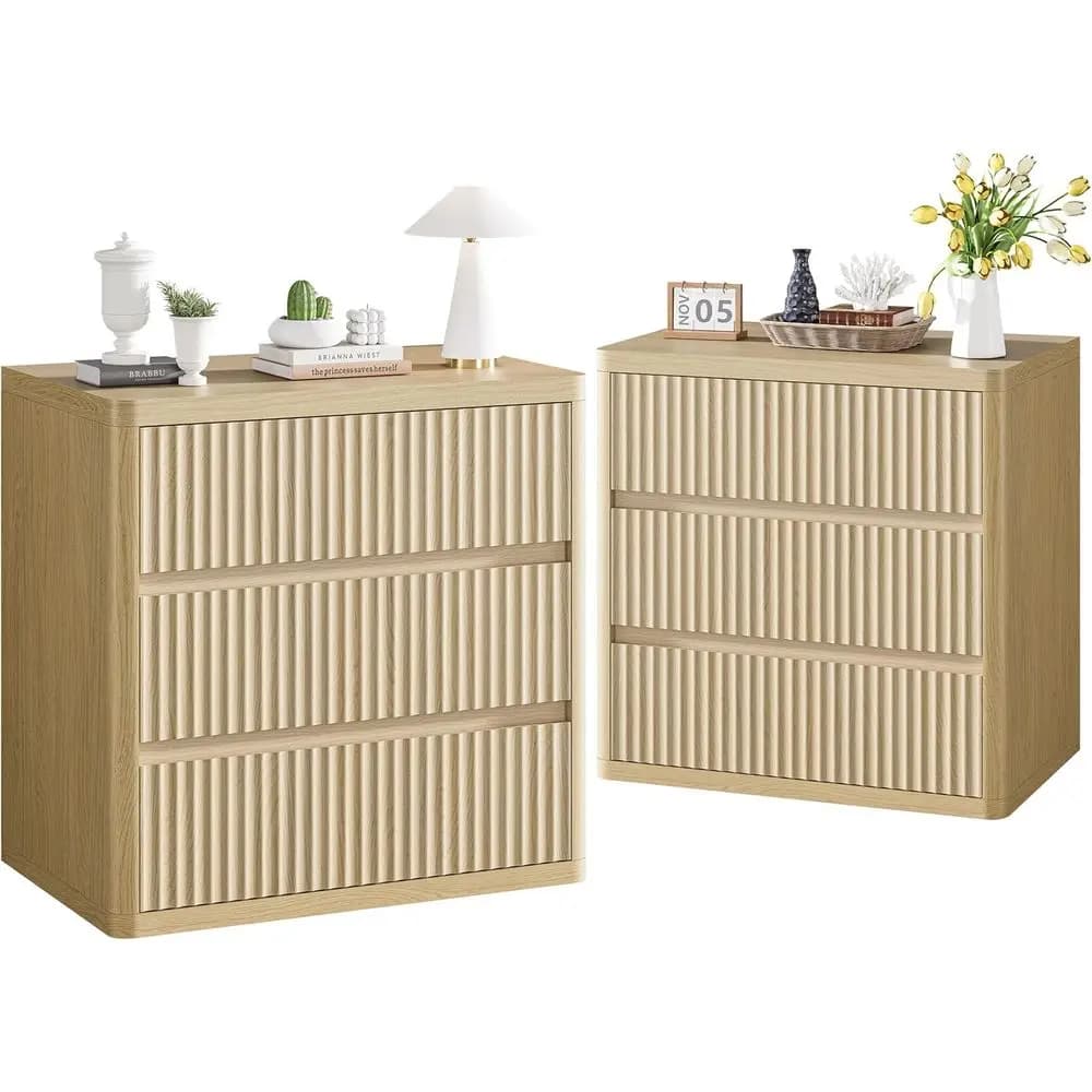 Set di 2 Comodini in Rovere Naturale con 3 Cassetti, Tavolino da Letto con Spazio di Archiviazione, Design Moderno con Maniglia Curva, Larghezza 25 Pollici