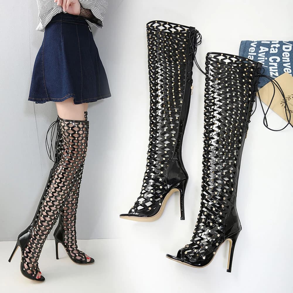 Ladies' Spring/Summer New Rivet Cool Boots Sexy Hollow Sandals Fashion High Heels Over Knee Boots Fish Mouth Fine Heel Sandals