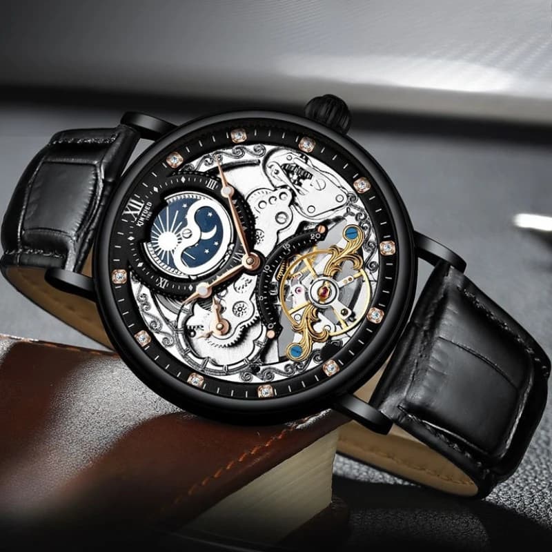 Orologio Meccanico Automatico da Uomo con Doppio Fuso Orario, Impermeabile, con Cinturino, Luce Notturna e Design Unico