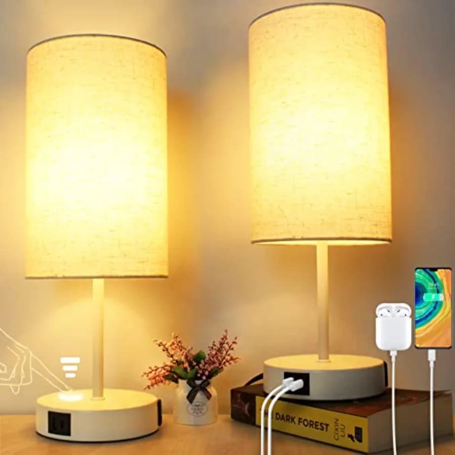 Lampade da Comodino con Controllo Touch, Luci da Comodino Dimmerabili a 3 Livelli con 2 Porte USB e Presa AC, Lampada da Scrivania Moderna