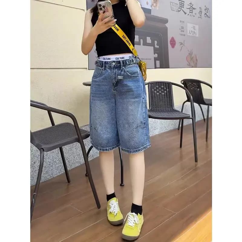 Women Summer Casual Side Stripe Design Denim Shorts New High Waisted Versatile Loose Fit Jeans Shorts