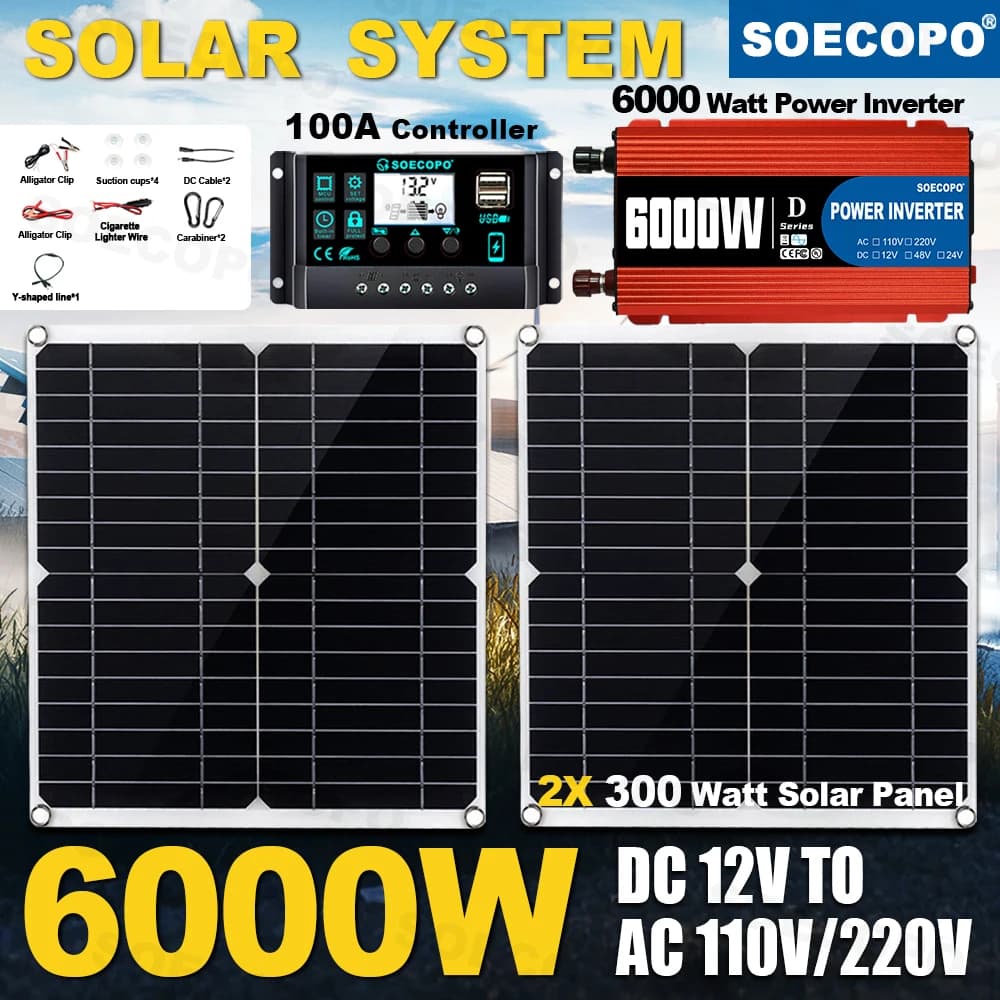 Kit Pannelli Solari Portatili da 6000W di Picco, Completo con 2x Pannelli Solari da 300W, Regolatore 100A, Inverter di Potenza 12V 110V 220V per Campeggio e Casa