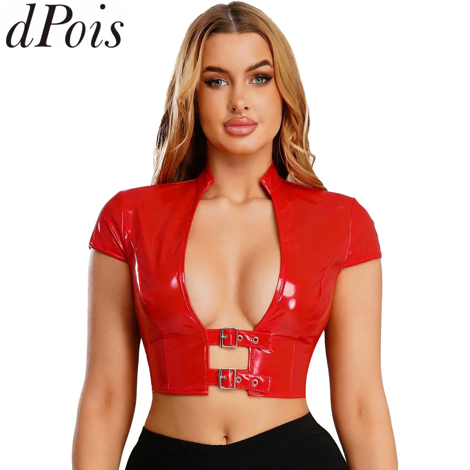 Top Corto Sexy da Donna in Ecopelle Lucida, Corsetto con Apertura Frontale e Maniche a Cappuccio, per Feste, Club e Spettacoli, Push-Up Bustier