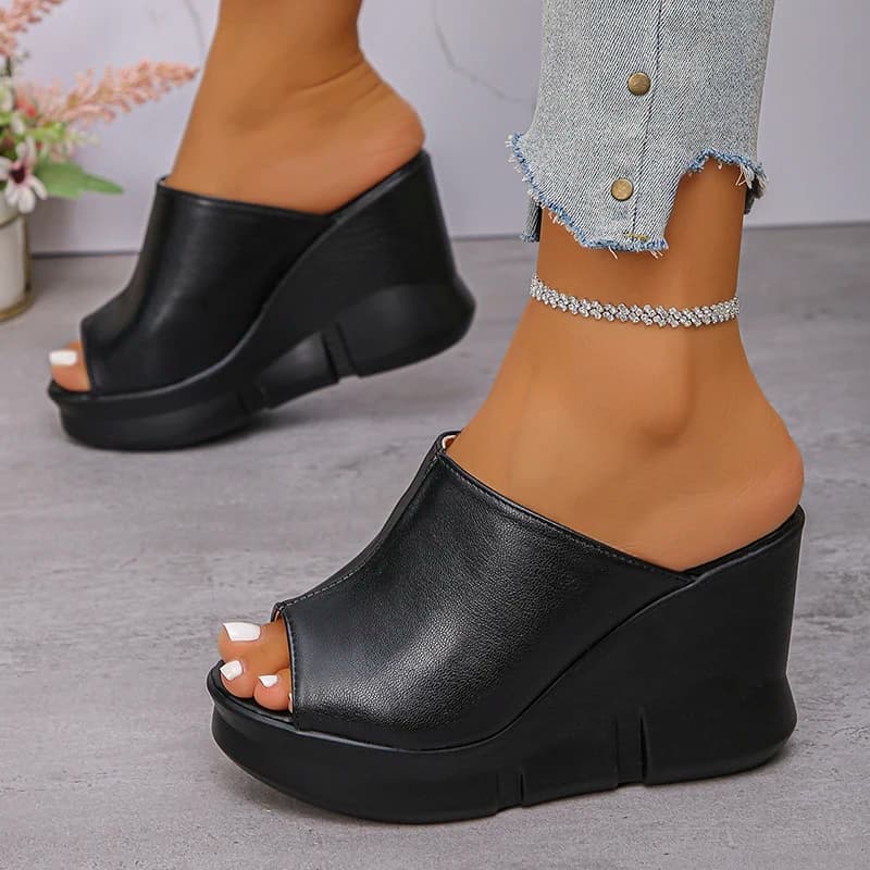 Fish Mouth Platform Wedge Sandals for Women Black PU Leather Thick Sole Slippers Woman Summer Slip-On Super High Heels Sandals