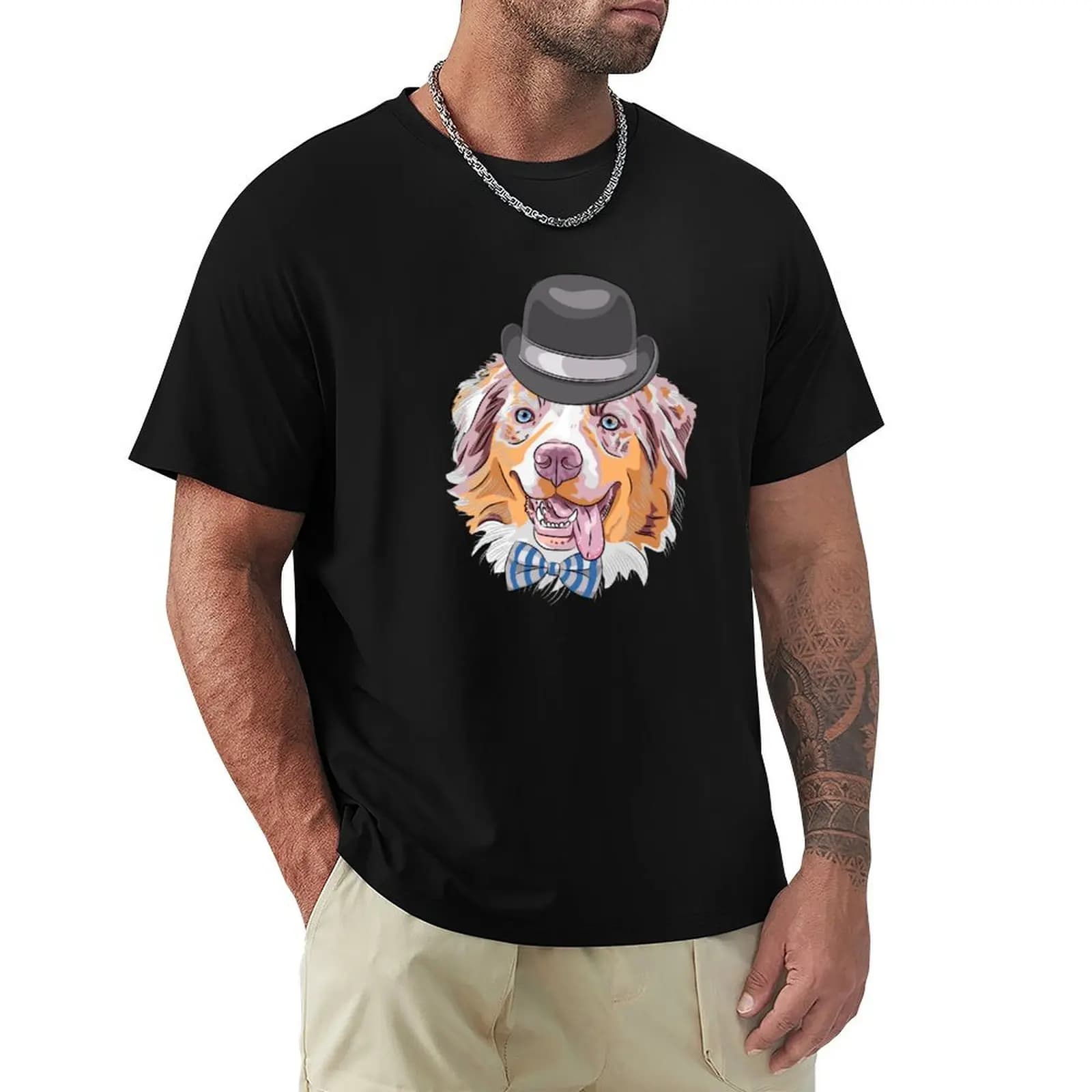 Cute dog aussie blue merle with top hat and bow tie, Australian shepherd T-Shirt Anti-Perspiration Workout Top