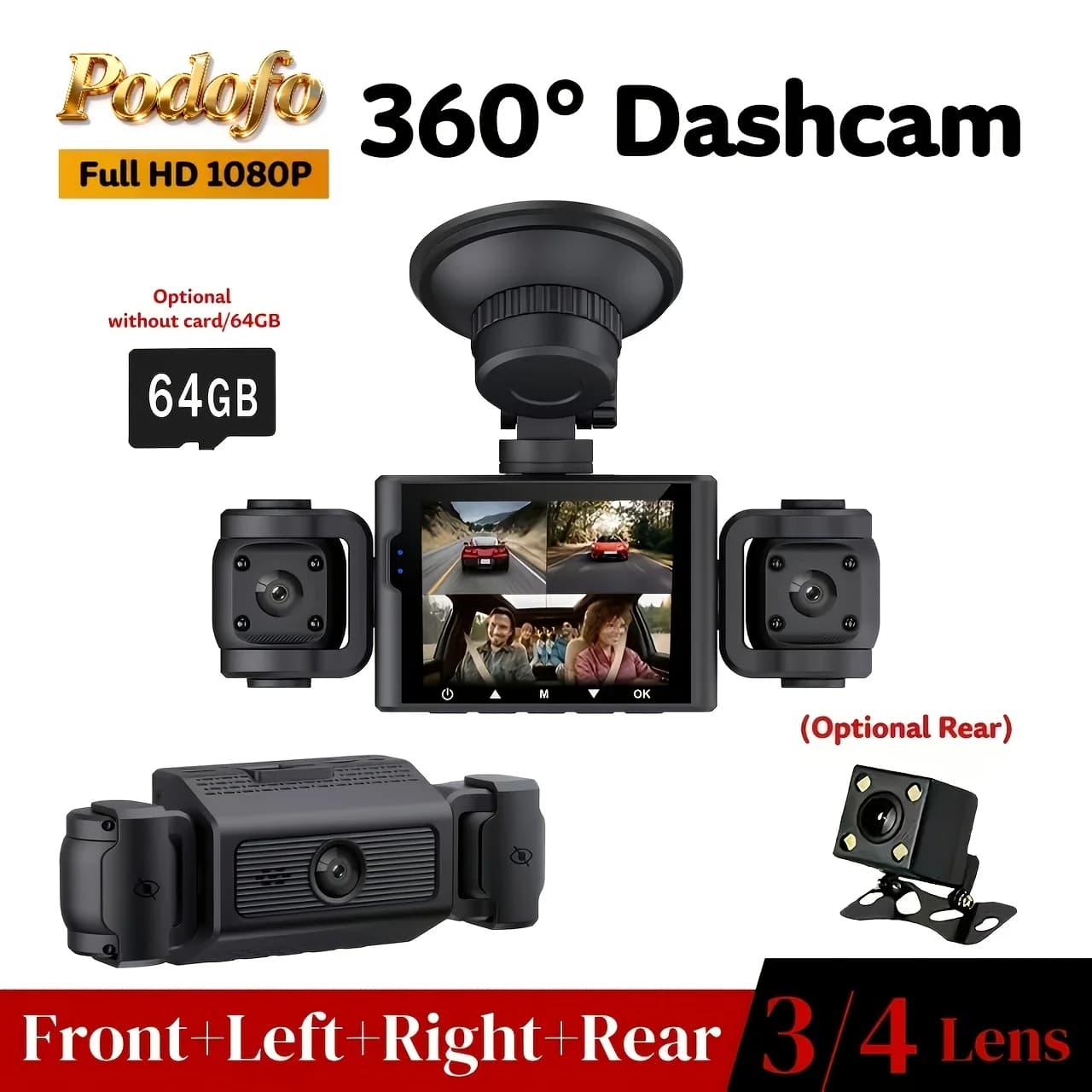 360° Panoramic 3/4-Channel 1080P Full HD Ultimate Safety Dash Cam Kit 1080P Front And 720P Rear/Left/Right All-Round Coverage, Quad-Screen Split Display, Super Night Vision, WDR, G-Sensor, Loop Recording