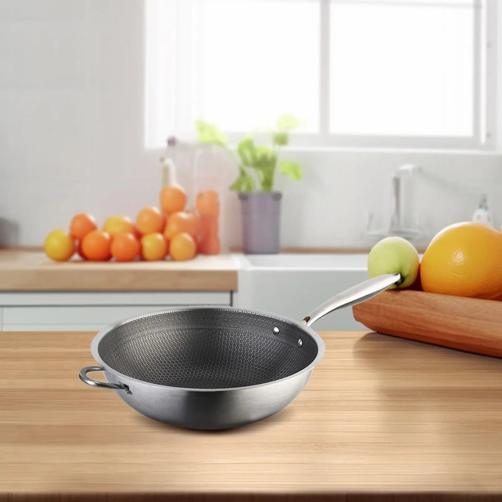 Stainless Steel Wok in Bee Nido, Anti-stick pan with Double Handles, Graffi Resistant, Gas cooker Cooking Pot