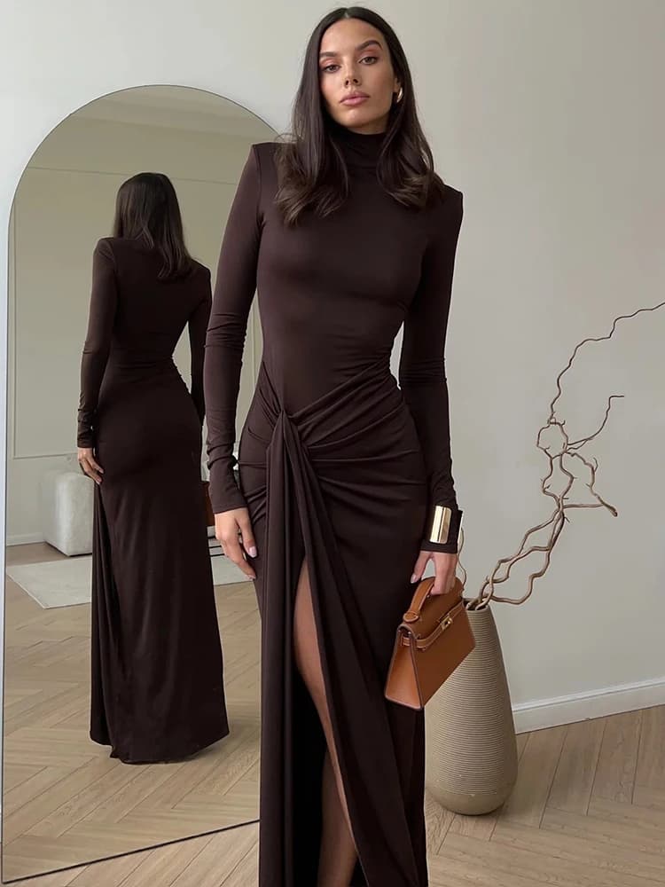 Mozision Abito lungo sexy con spacco alto e collo alto per le donne Abito lungo da club aderente con fasciatura drappeggiata a maniche lunghe alla moda