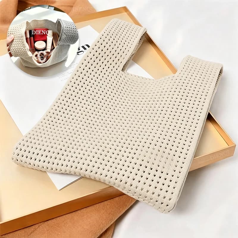 Women Beach Bag Hollow Knit Knot Wrist Bags Crochet Tote Knitting Shopping Woven Handbag Mini Cosmetic Vacation Pouch Phone Pack