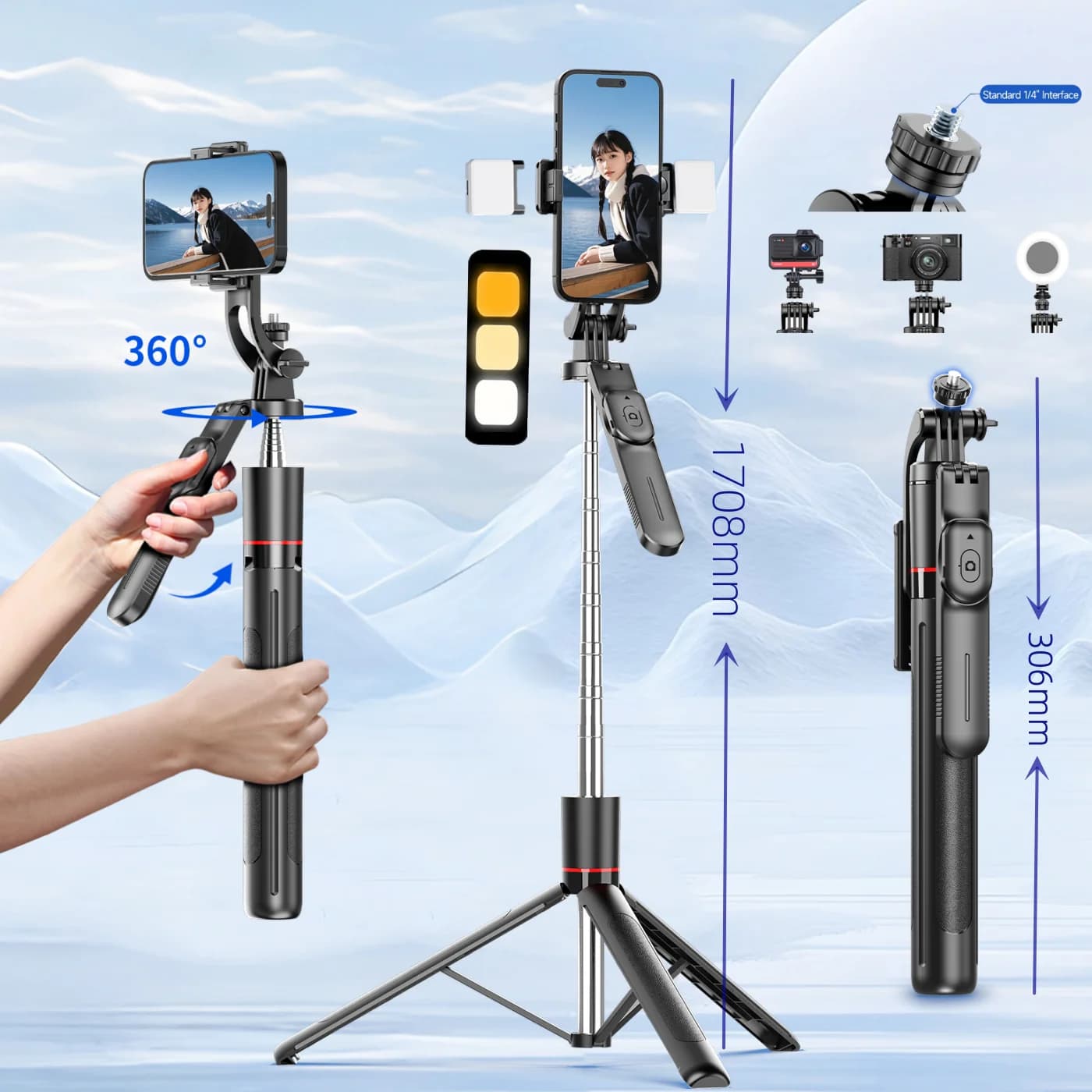 Treppiede per selfie stick MEUYAG con luce di riempimento monopiede lungo 1708 mm, telecomando Bluetooth, 360 ° Rotazione, interfaccia 1/4, per telefono cellulare