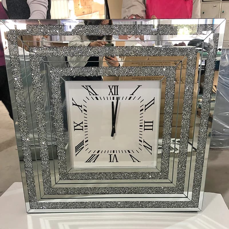 Hot Sale Mirrored Clock WXMC-078 Crushed Diamond Silver Wall Decor Elegant square Clock