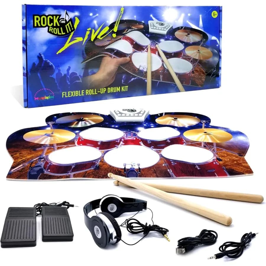Rock and Roll It Batteria Elettronica Portatile per Adulti Nera con Pad in Silicone per Esercitazioni, Cuffie, Pedali e Bacchette - Ideale