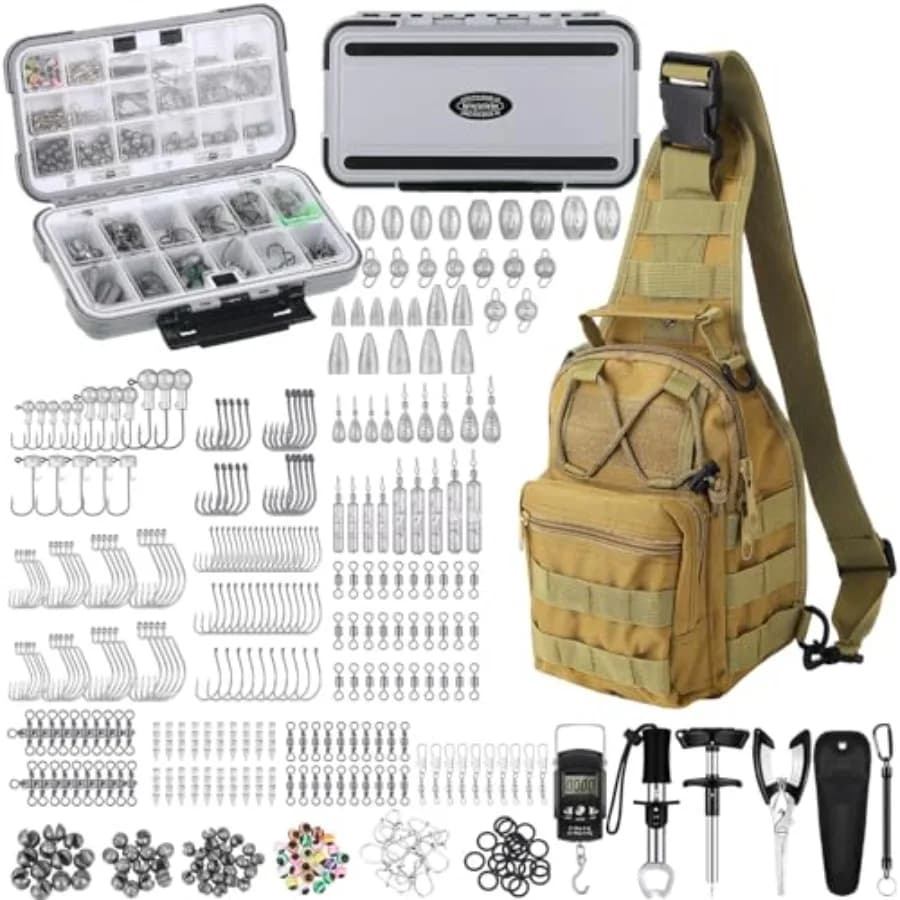 397 Piece Fishing Accessories Kit with Backpack, Tool Box, Needles, Weights, Leads, Spinner Blades and Black Equipment