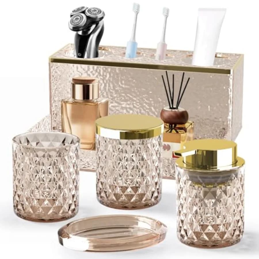 Set di Accessori per Bagno in Vetro 5 Pezzi - Dispenser Sapone Schiumogeno, Portasapone, Bicchiere, Portaspazzolino in Acrilico con Vassoio Organizzatore