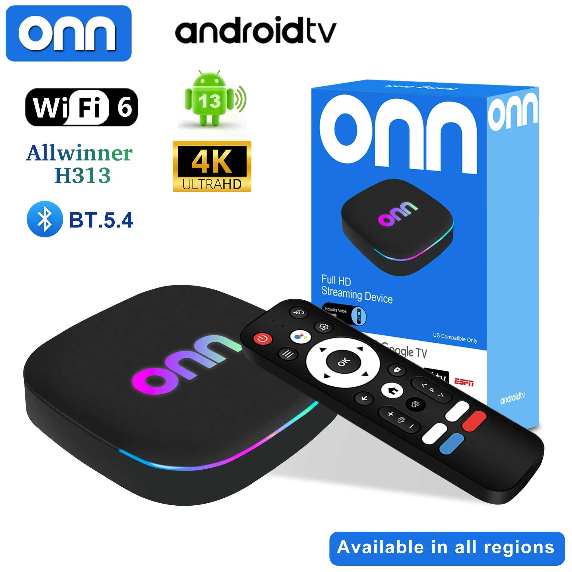 ONN Multilingual TV Box Support 70+ Languages Android13 H313 8GB 128GB WiFi6 BT5.4 4K HDMI2.0 Voice Remote Receiver