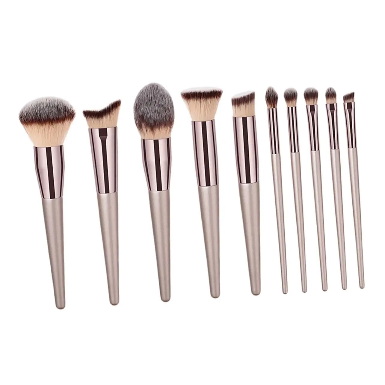 Set of 10 piece vegan brushes - Nylon bristles with air cushion for foundation/contour/umbrella (Beginners/Pros)
