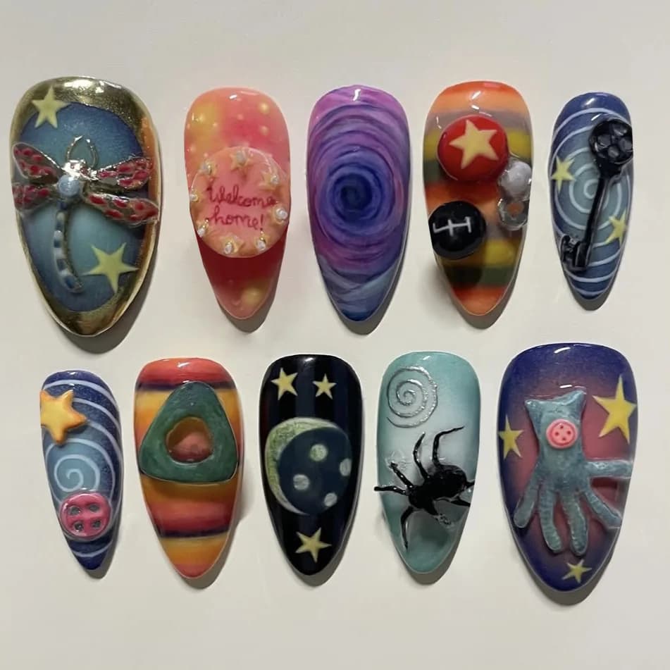 24pcs Fashion Almond Press on Nails 2D Starnight Printed False nails European Fairy Tales Style Fake Nail Patches Wearable
