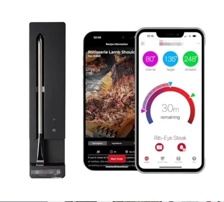 Termometro per carne Bluetooth intelligente Sonda a doppio sensore a lungo raggio Caricatore nero per forno BBQ Friggitrice ad aria Sistema di cottura guidata
