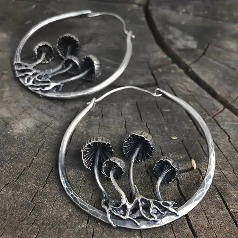 Retro Mushroom Shaped Hollow Ring Hoop Earrings for Women Men Personalized Silver Color Metal Party Daily Jewelry Accessory Gift