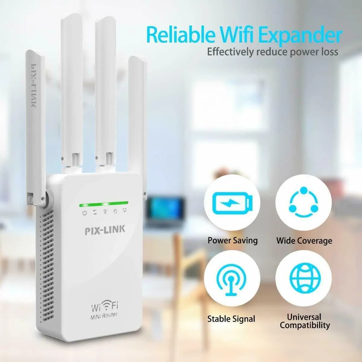 PIX-LINK WR09Q Ripetitore WiFi 300M Router Wireless con 4 Antenne Esterne Amplificatore di Segnale 2.4G Estensore di Portata Modalità AP Spina EU/US/UK