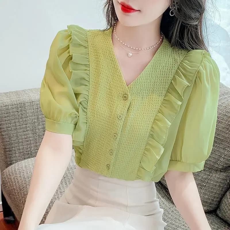 French Wood Ears Gentle V-neck Puff Sleeve Shirt for Women in Summer New Ruffle Short Sleeved Hollow Chic Top