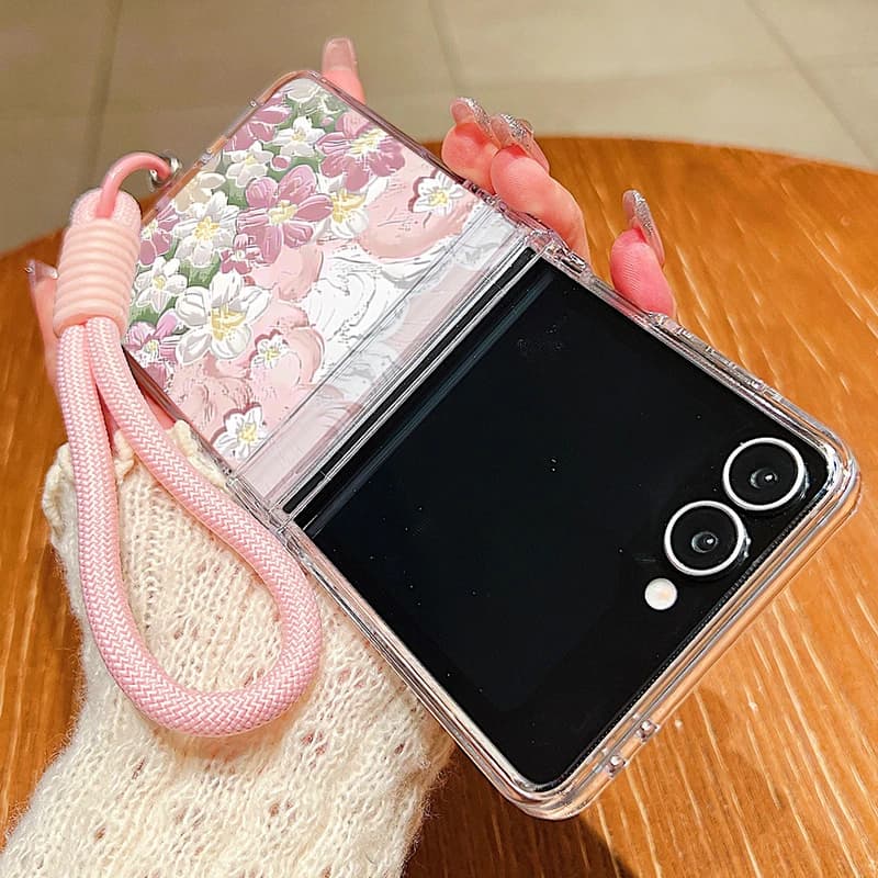 Oil Painting Flowers Lanyard Phone Case For Samsung Galaxy Z Flip 7 FE 6 5 4 3 5G Folding Clear Cover For Samsung Z Flip7 Flip6