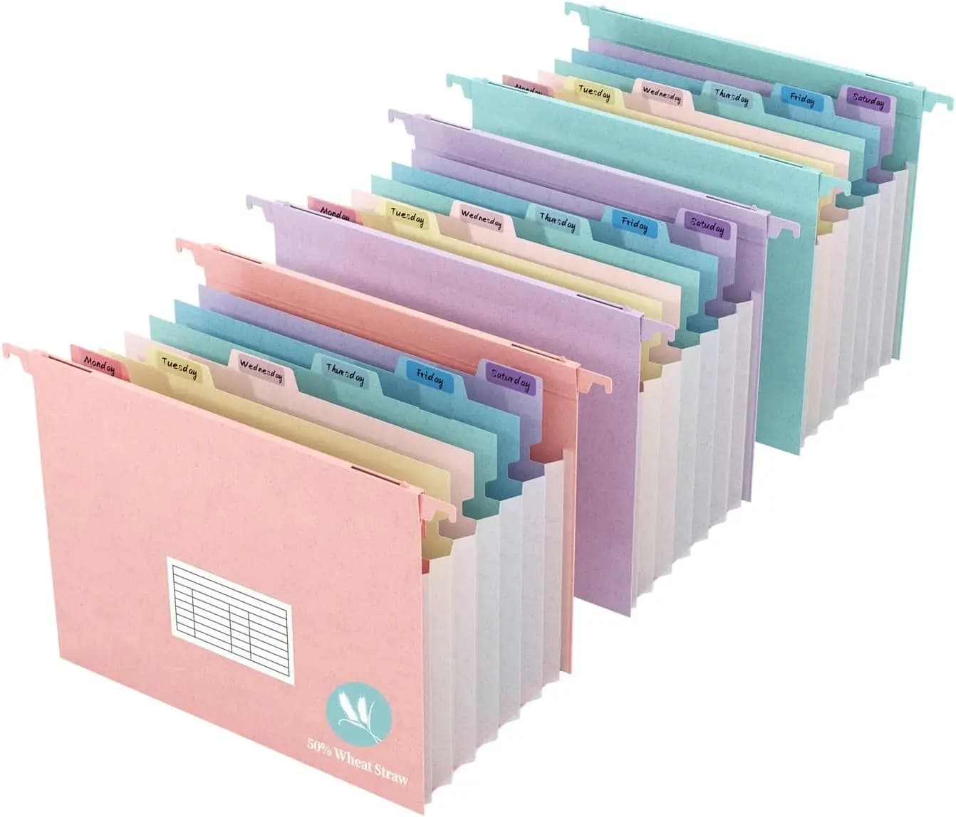 Cartelle Espandibili Appendibili con 7 Tasche, Linguette Multicolore, Formato Letter, Materiale Ecologico in Paglia di Grano