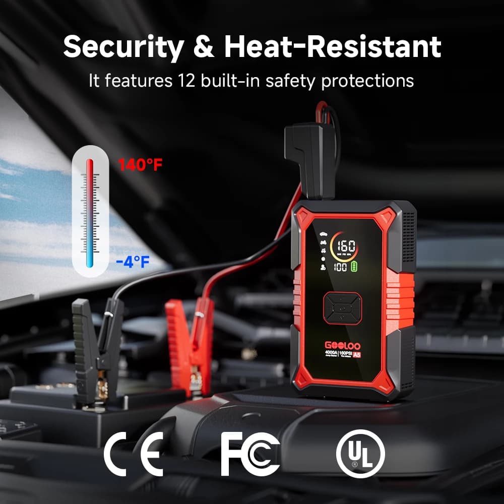 GOOLOO A5 4000A Portable Car Jump Starter with Air Compressor, 160 PSI Auto-Shutoff Tire Inflator, 45W Output with Built-in Cables & LED Flashlight, for All Gas & Up to 10.0L Diesel Engines