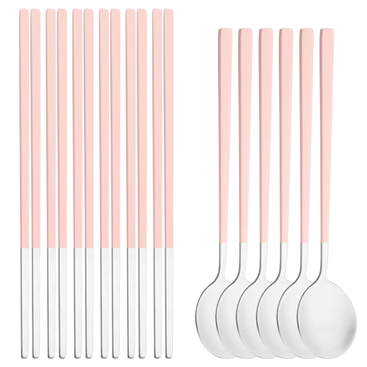 12 pieces pink handle tableware set in silver spoon dinning sticks for sushi cutlery kitchen cutlery western stainless steel