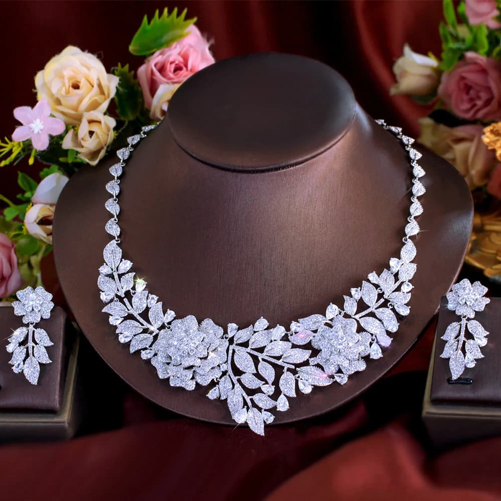 BeaQueen Brilliant White Big Flower Paved Cubic Zirconia Chunky Big Necklace Earrings Jewelry Set for Women Wedding Party T0648