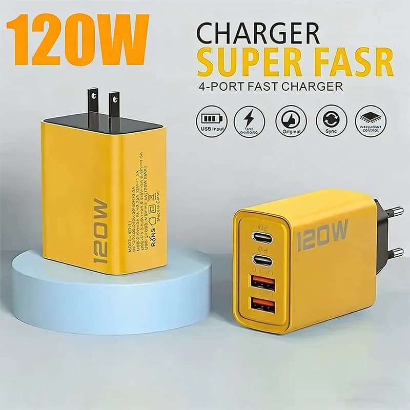Caricatore USB C PD da 120W a 4 porte con Quick Charge 3.0, adattatore di ricarica rapida per iPhone, Samsung, Xiaomi, Huawei