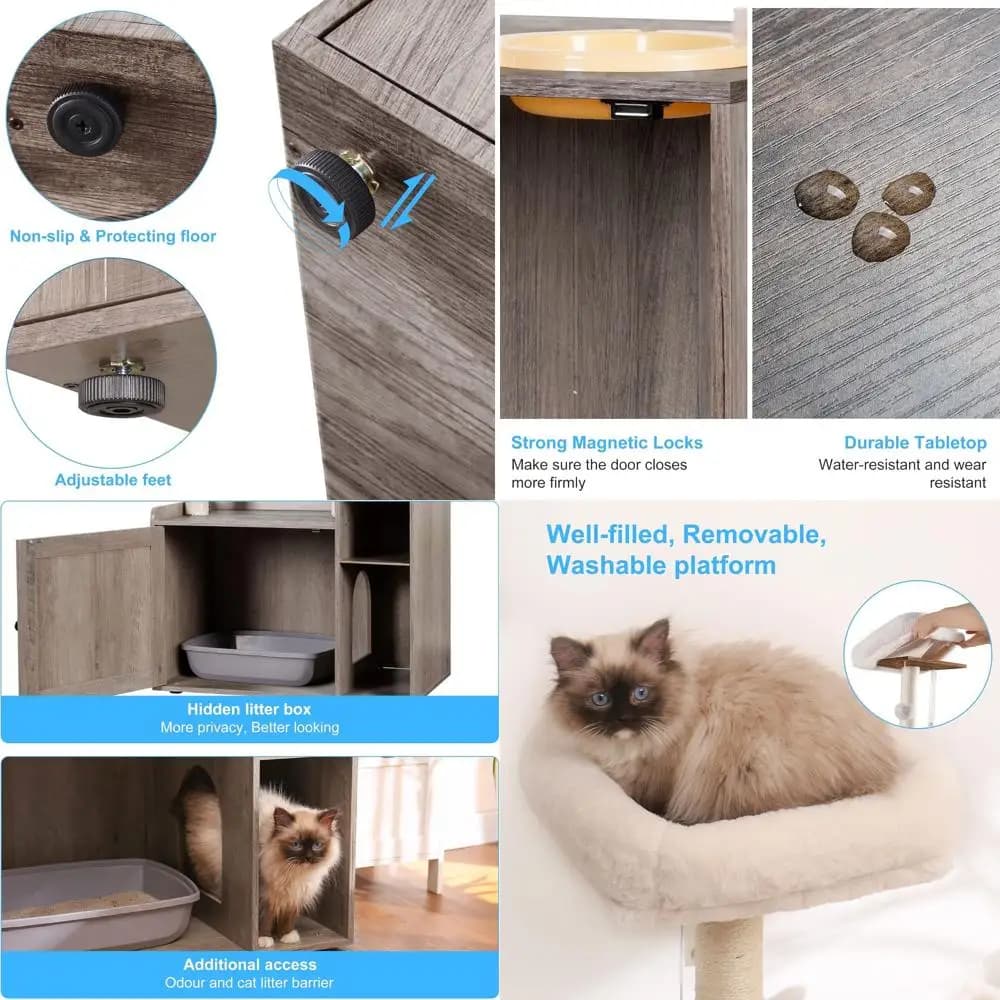 Lettiera XL con Recinto, Tiragraffi, Amaca, Cuccia e Stazione Cibo per Gatti, Grigio Rustico Moderno