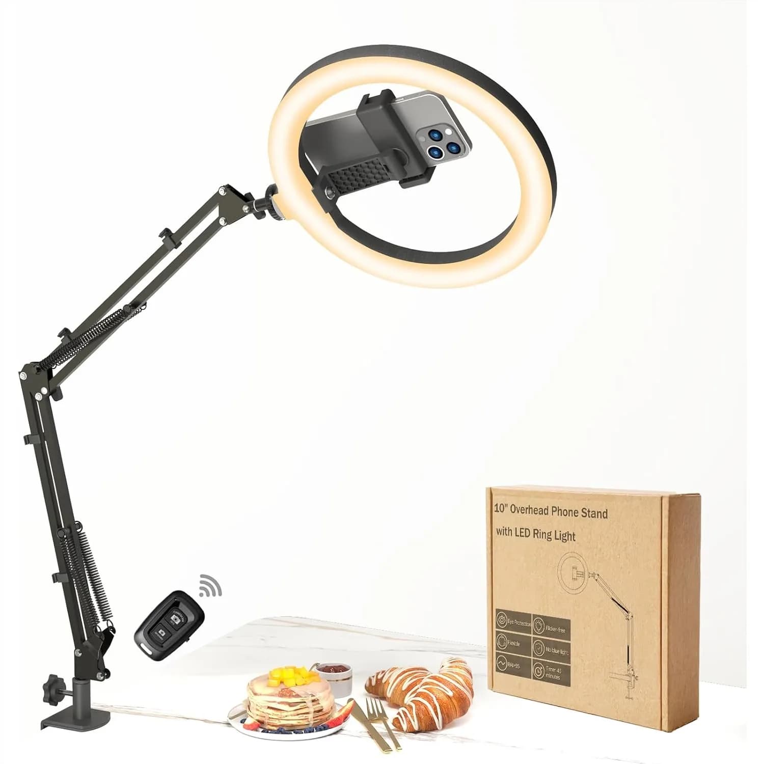 Luce ad Anello LED da 10 Pollici con Supporto per Telefono, CRI≥95 1200lm Illuminazione Dimmerabile, Braccio Metallico Regolabile con Telecomando e Supporto per Telefono