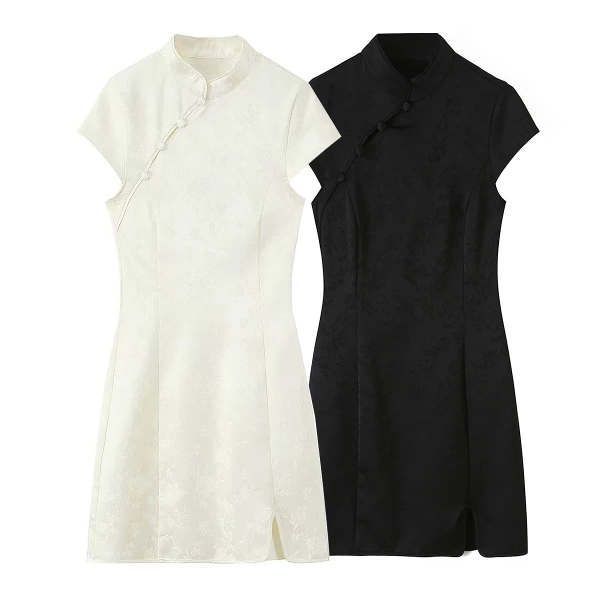 2026 Women's Elegant Chinese Knot Button Jacquard Qipao-style Mini Dress Lady Vintage Modern Cheongsam Contrast Piping Sexy Robe