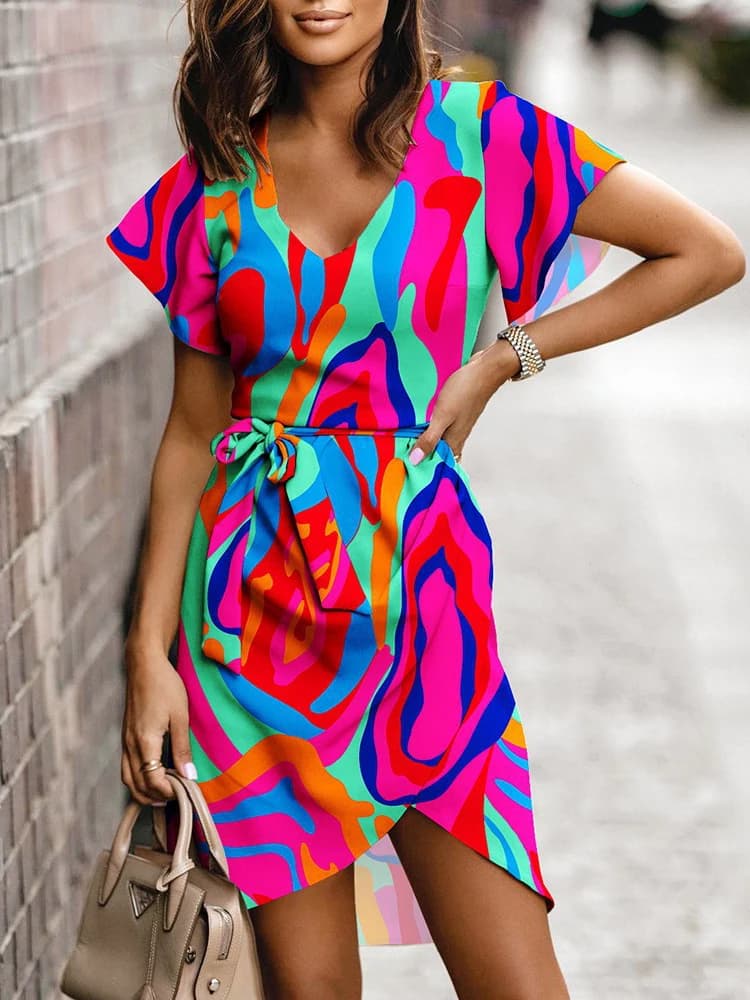 Summer V Neck Print Belt Dresses For Women Elegant Commuter Office Ladies Dress Fashion Short Sleeve Casual Boho Beach Sundress