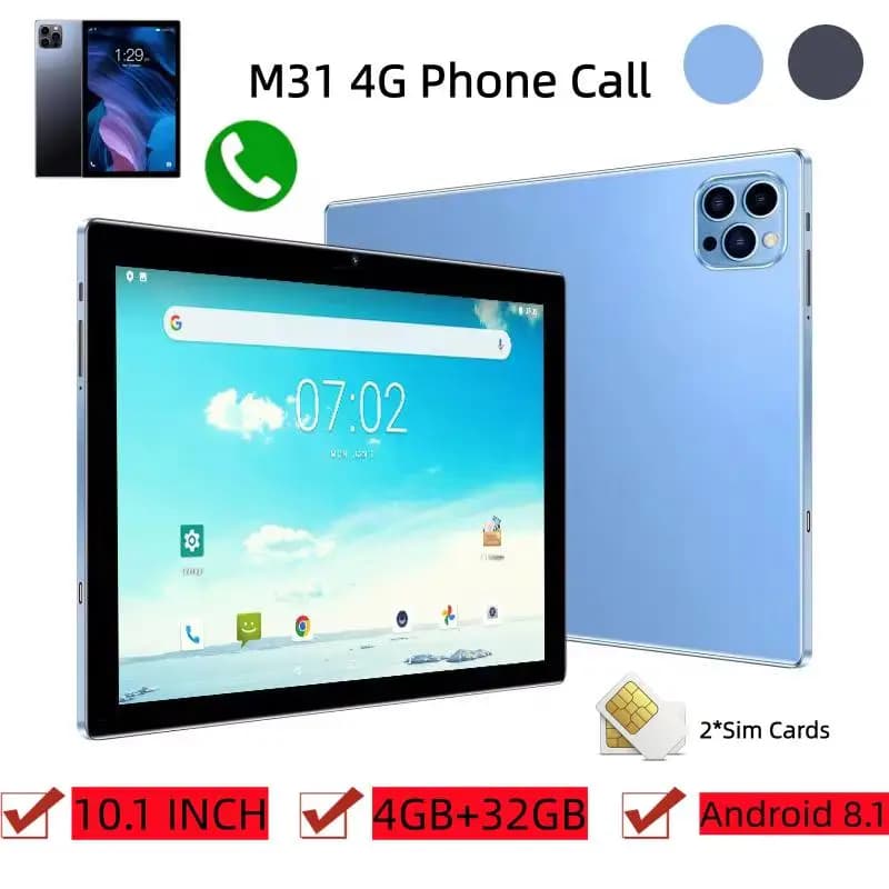 Tablet PC Android 8.1 M31 4G con Chiamate Telefoniche, Schermo 10.1" IPS 1280x800, Processore Quad-Core MT6750, Supporta Chiamate 2G/3G/4G, 4GB RAM, 32GB ROM, Doppia Fotocamera