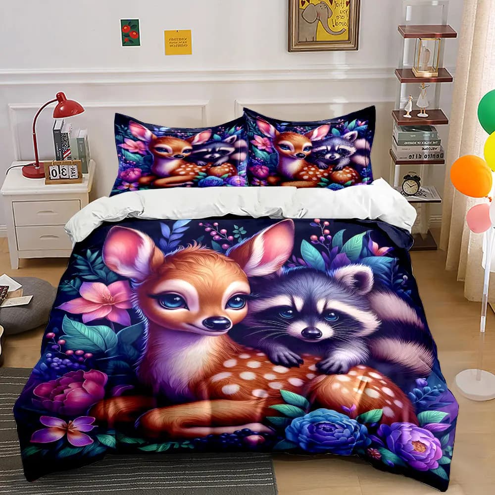 Set Copripiumino Stampato con Motivi Floreali e Creature della Foresta, 1 Copripiumino + 2 Federe, Decorazione per Camera da Letto in Varie Misure