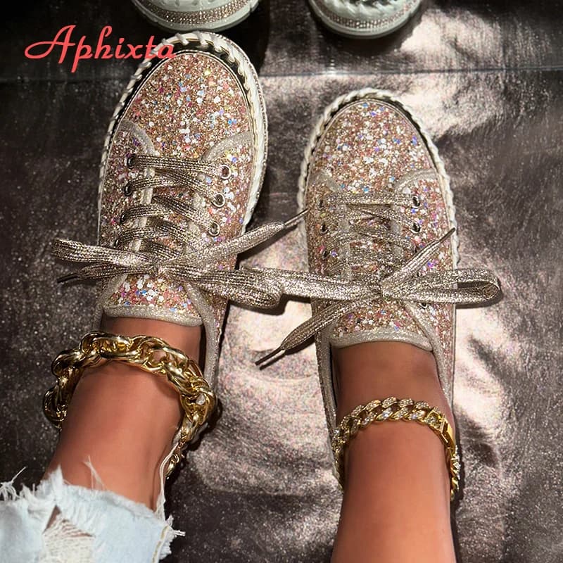 Aphixta 2025 Nuovo Paillettes Lace Up Scarpe Da Donna Superficiali Mocassini Argento Primavera Donna Scarpe Moda Cucito Scarpe Casual Per La Donna