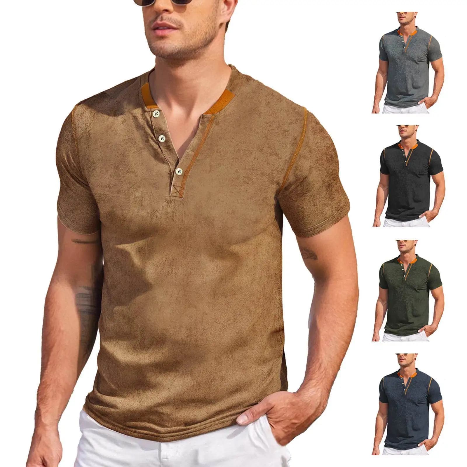 Casual Henry T-Shirt Short Sleeve V-Neck Outdoor Sports Leisure Top 26 Buttons Hard Man Fashionable Urban Style Summer S...