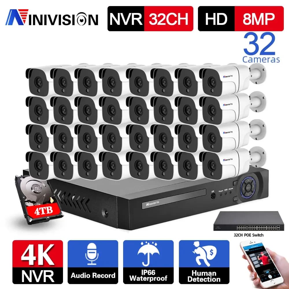 32CH 4K NVR Sistema di sicurezza Esterno Impermeabile 8MP Sistema di telecamere CCTV POE Audio IP Kit sistema di telecamere di sorveglianza bullet XMEYE