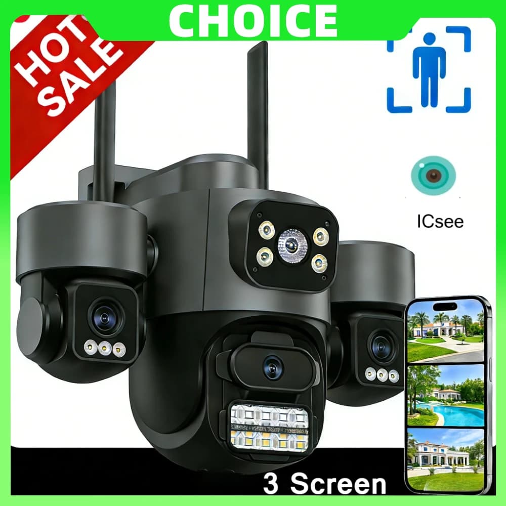 Telecamera di Sicurezza ICsee 15MP con 3 Schermi, Triplo Obiettivo Grandangolare, Monitoraggio Audio Bidirezionale, Onvif WiFi Cam XMEYE